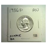 1936-D WASHINGTON QUARTER AU SCARCE