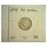1874 THREE CENT NICKEL ABOUT UNCIRCULATED
