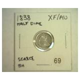 1838 SEATED LIBERTY HALF DIME XF/AU SCARCE