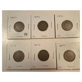 6 PIECES LIBERTY NICKELS 1889, 1890, 1891, 1892,
