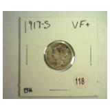 1917-S MERCURY DIME VERY FINE+