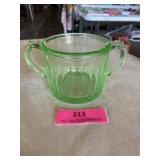 Two handled sugar bowl, Vaseline glass 6 1/2 x 3