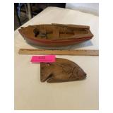 Small wood decorative boat and wood carved fish