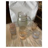1950s glass juice pitcher  and five small glasses