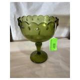 1950s green glass compote 7 1/2 inches tall and 5