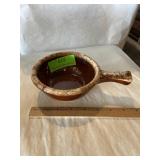 Hull oven proof handled bowl.  brown drip glaze