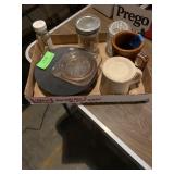 Assorted jars, coffee mugs, candle holder and