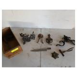 Assorted metal wall decor including coat hook,