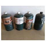 Four 16.4 Oz propane fuel bottles, mostly full