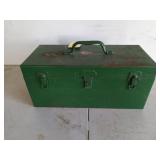 Green metal tackle box with contents, 8x16x7 in