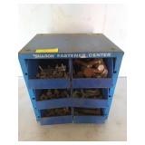Blue metal organizer with six drawers, 13x10x13