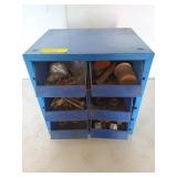 Blue metal organizer with six drawers, 13x10x13