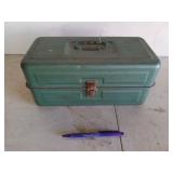 Green metal tackle box with contents, 6x13x6 in