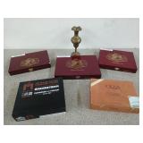 Five wooden cigar boxes, and an 8in. brass vase