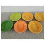 Six Fiesta bowls, green, orange, and gold, 7 in