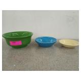 Three Fiesta bowls, green, blue, and yellow,