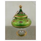 11x7-in Green Glass with gold accents candy dish