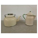 Cream and green enamel tea kettle and coffee