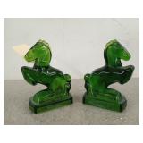 Pair of emerald green glass horses, L.E. Smith?