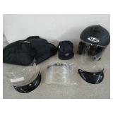 Black HJC motorcycle helmet with extra