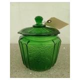 Green glass candy dish with lid, 7 in