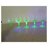 Five uranium glass wine glasses, 5.5 in, two