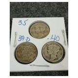 Set of three Mercury head dimes, 1935, 1939 -D,