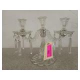 Glass candelabra with dangling prisms, 10x13 in