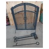 Metal fireplace screen, 32x56 in, with poker and