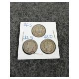 Set of three Mercury head dimes, 1942-S, 1943-D,