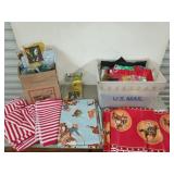 US postal tote filled with plastic tablecloths,