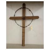 35 inch wooden cross with barbed wire and star