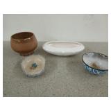 Two Frankoma pottery pieces, an enamel bowl, and