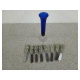 8 inch Cobalt Blue vase and eight cherub butter