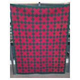 Handmade Red and green cross quilt, 64x80 in