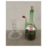 A green Chianti decanter, 13", and a glass