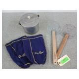 Two spider strainers, a Viko aluminum pot, and