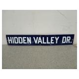 Blue porcelain "Hidden Valley DR." sign, 5x30 in