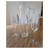 12-in etched glass pitcher and two Tiffany