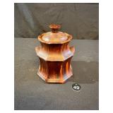 Unique Brown Glazed Crock w Wooden Lid Jar
