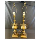 Pair, Double Arm Brass Urn & Marble Table Lamps