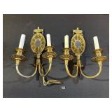 Gilt Bronze & Mirrored 2 Arm Wall Sconces, Pair
