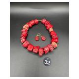 Vintage Chunky Coral Necklace w Earrings