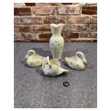3 Belleek Swans & 1 Corib Vase