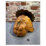Solid Wood Carved Turkey Sculpture w Brass Tail