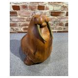 Solid Wood Carved Walrus w Brass Tusks