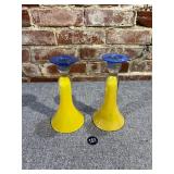 Vintage Blue & Yellow Art Glass Candle Holders