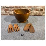 Carved Wood Salad Bowl w Utensils