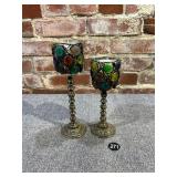 2 Mid-Century Glass & Brass Goblet Candleholders