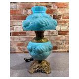 Victorian Satin Blue Glass Oil Lamp, Electrified
